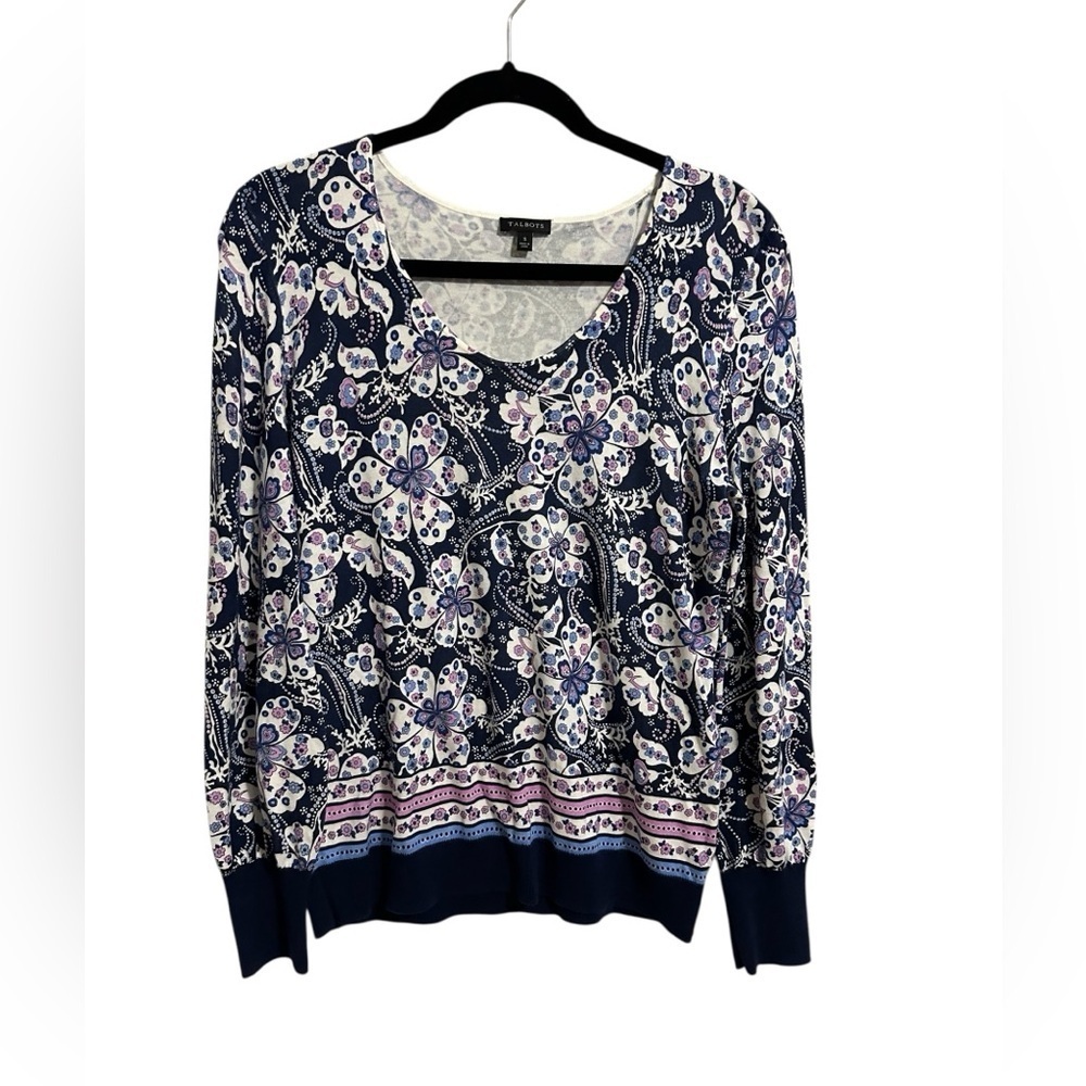 Talbots Long Sleeve Sweater Women's Size Small Black Blue White Lavendar Floral